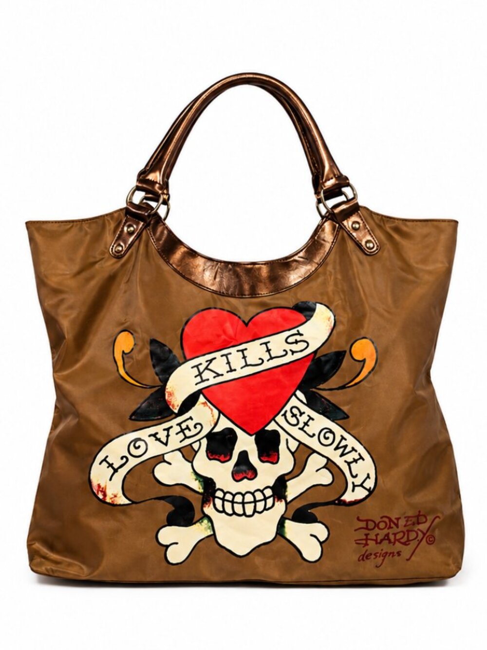 Ed Hardy Love Kills Slowly Tote Bag Bronze Metallic Skull Heart Y2K Large EUC